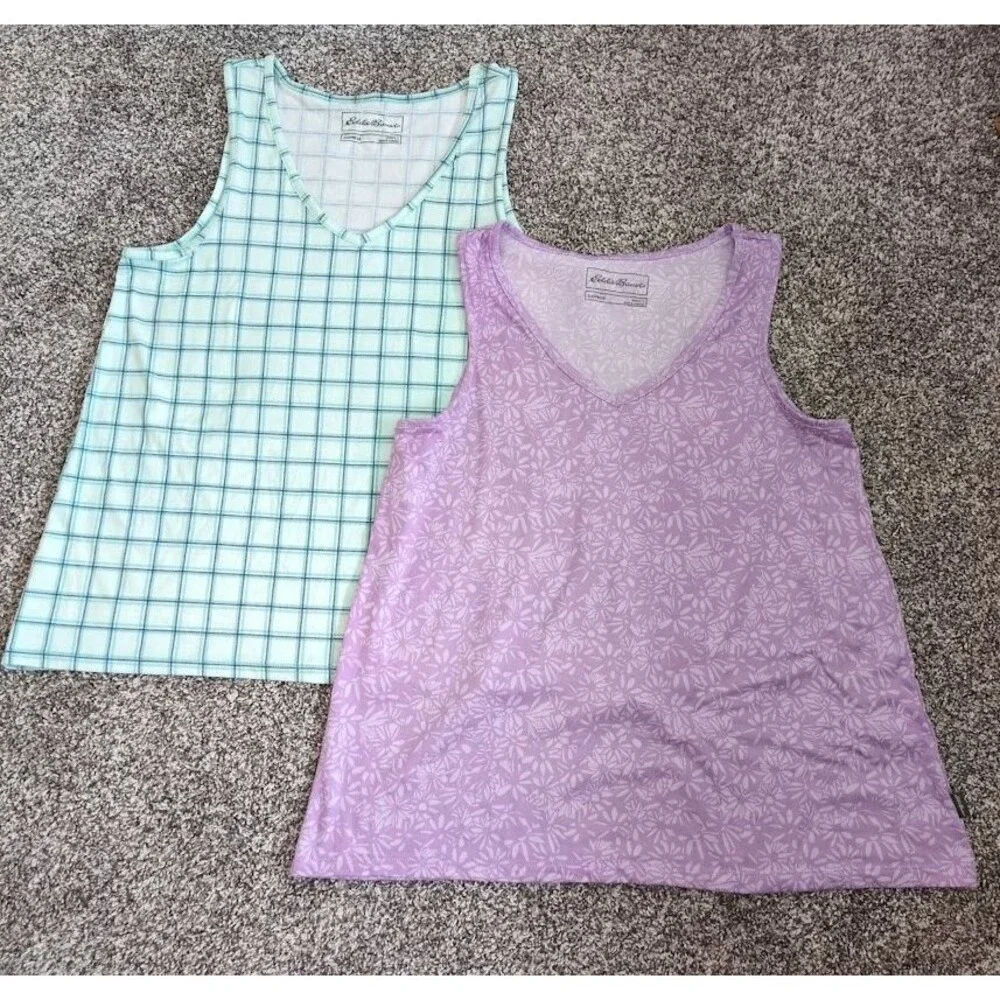 Lot of 2 Eddie Bauer Women's L Large Sleepwear Tank Top Blue Purple Flower Check